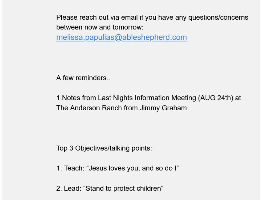 The second of 10 screenshots in order showing an organizing email sent by Able Shepherd Operations Manager Melissa Papulias on Aug. 25, the day before protesters disrupted Douglas County PrideFest.